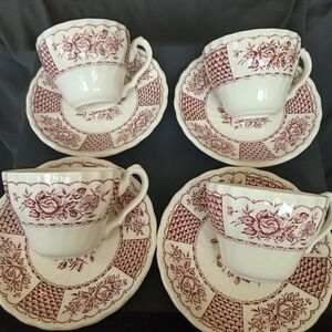 Set 4 Myott Melody Pink and White Floral Flat Red and White Floral Teacup Set